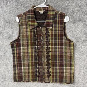 Christopher & Banks Vest Womens Medium Plaid Quilted Zip Brown Green Cabincore